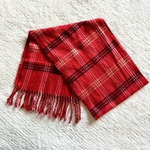 Vintage Red Plaid Wool Fringe Scarf 56 inches long 10 inches wide